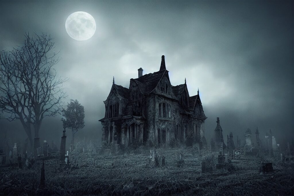Haunted house in moonlight with graveyard