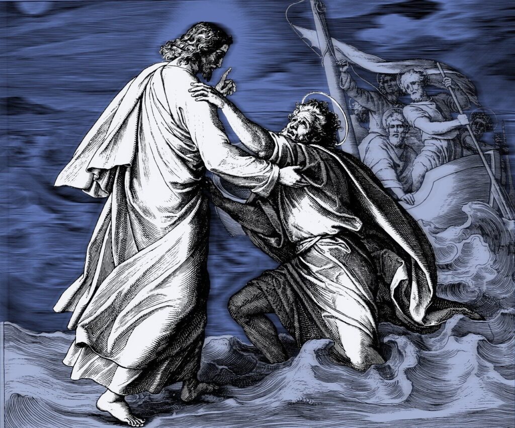 Jesus saving Peter from sinking and drowning