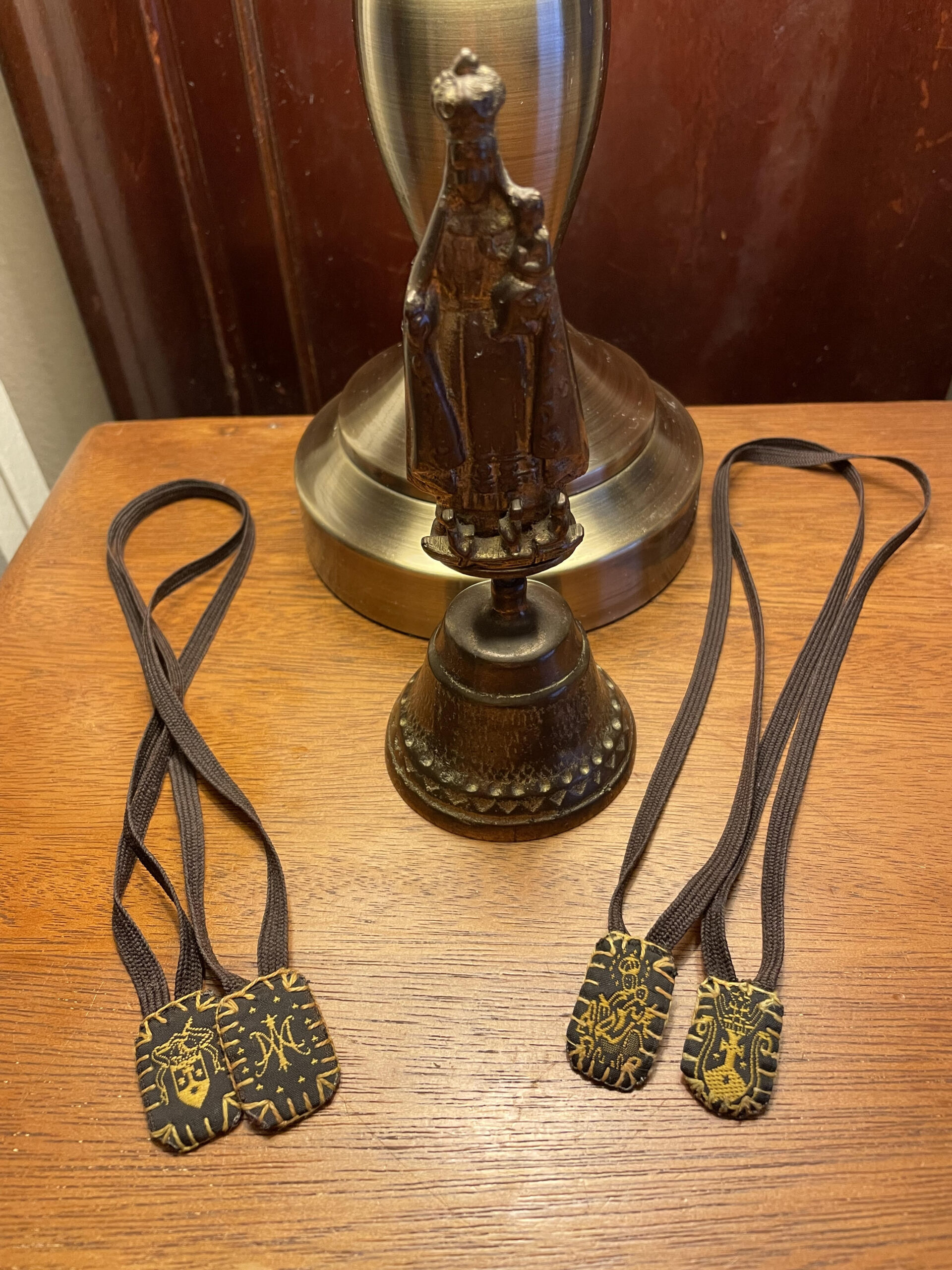 2 Blessed Brown Scapular of Our Lady of Mt. Carmel with exorcized bell of Our Lady